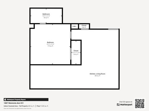 Floor plan for 1 bed, 1 bath, 652 sqft